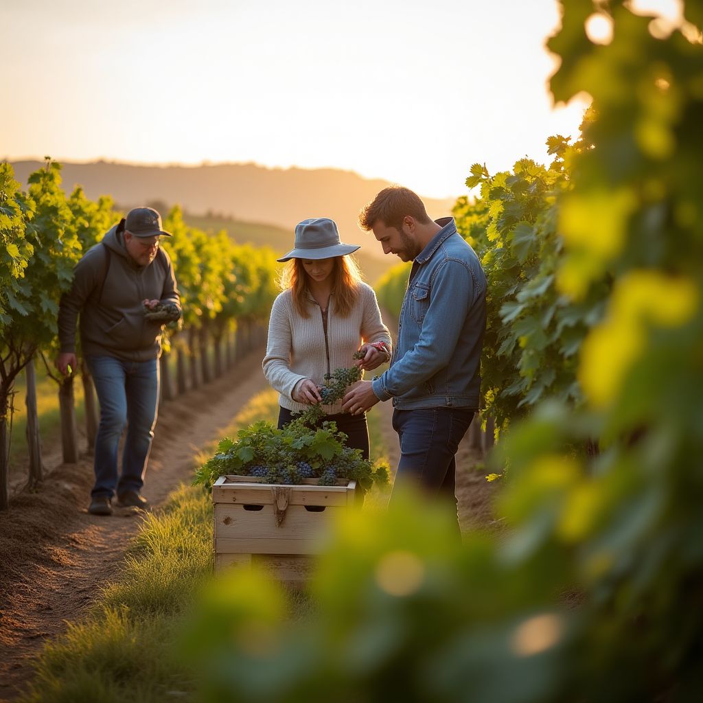 Cosecha manual de uvas con participación de turistas